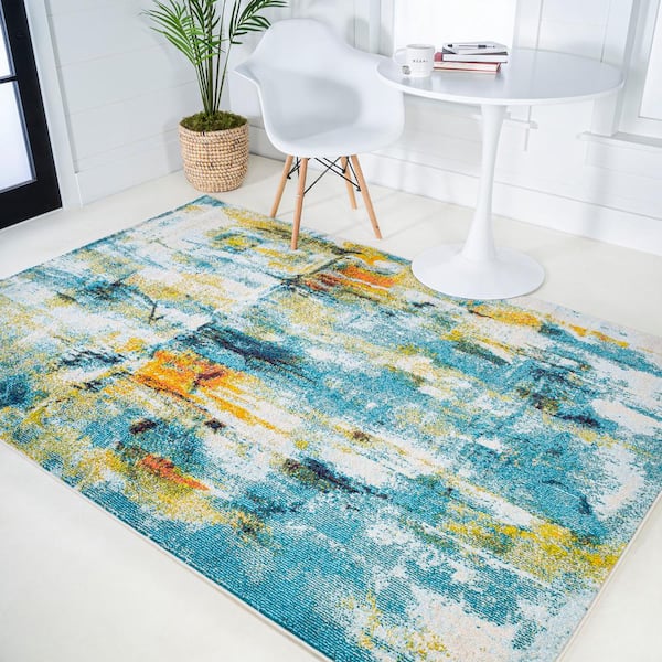Details about   JONATHAN Y Contemporary POP Modern Abstract Vintage Waterfall Blue/Cream/Yellow 