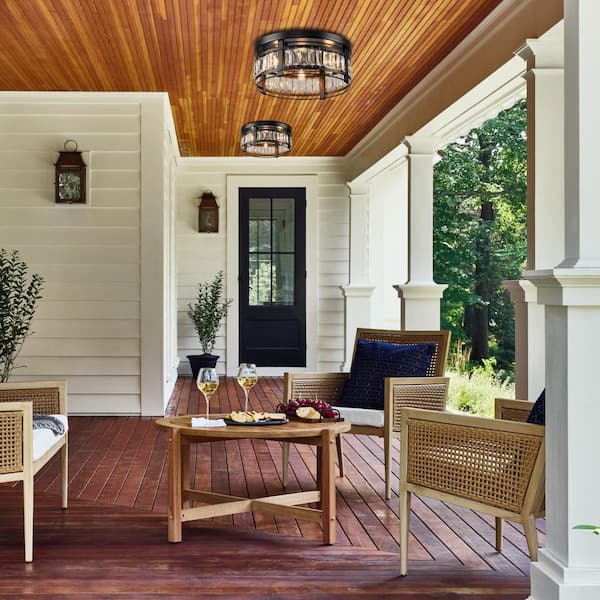 13.3 in. 3-Light Matte Black Modern Drum Crystal Flush Mount Ceiling Light