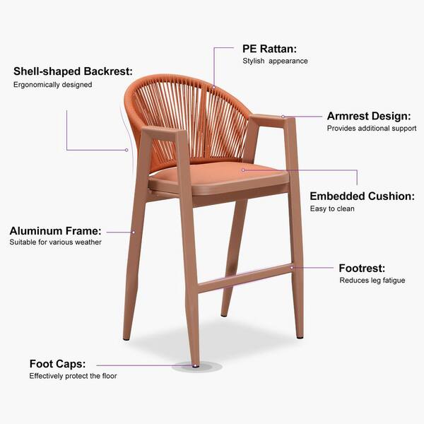 Modern Wicker Rattan Bar Height Outdoor Bar Stools for Patio Kitchen Island with Orange Cushion (2 pack)