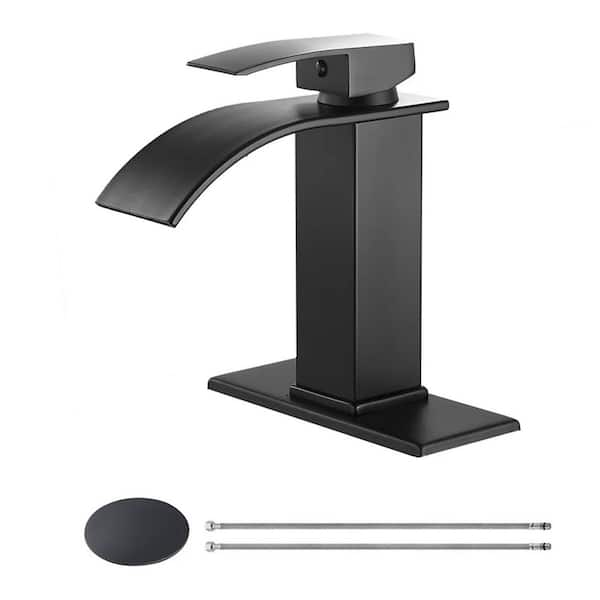 BYH build your home Waterfall Single Handle Single Hole Low-Arc Bathroom Faucet Drip-Free Vanity Sink Faucet with Deck Plate in Matte Black
