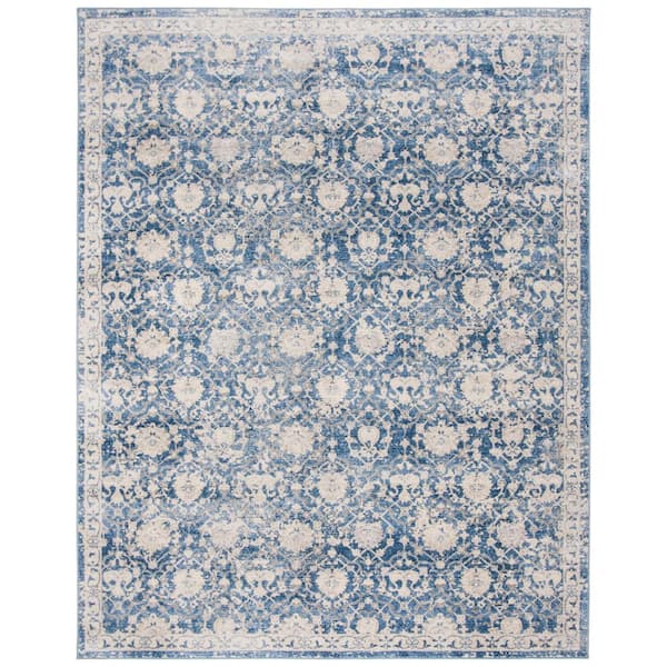 Brentwood Navy/Cream 12 ft. x 18 ft. Distressed Multi-Floral Border Area Rug