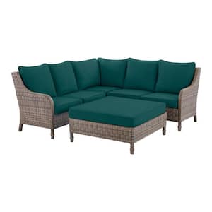 Windsor 4-Piece Brown Wicker Outdoor Patio Sectional Sofa with Ottoman and CushionGuard Malachite Green Cushions