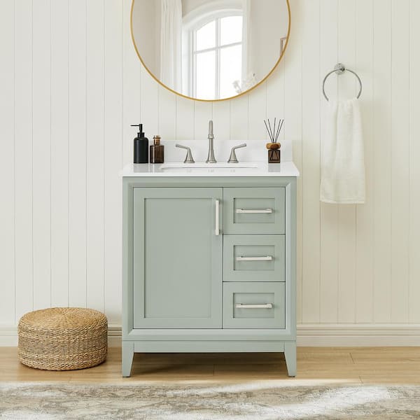 Runfine Caldera 30 in. Single Sink Freestanding Light Grey Bath Vanity with Pure White Engineer Stone Top