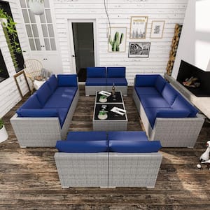 12-Piece Wicker Outdoor Patio Conversation Seating Sofa Set with Coffee Table, Dark Blue Cushions