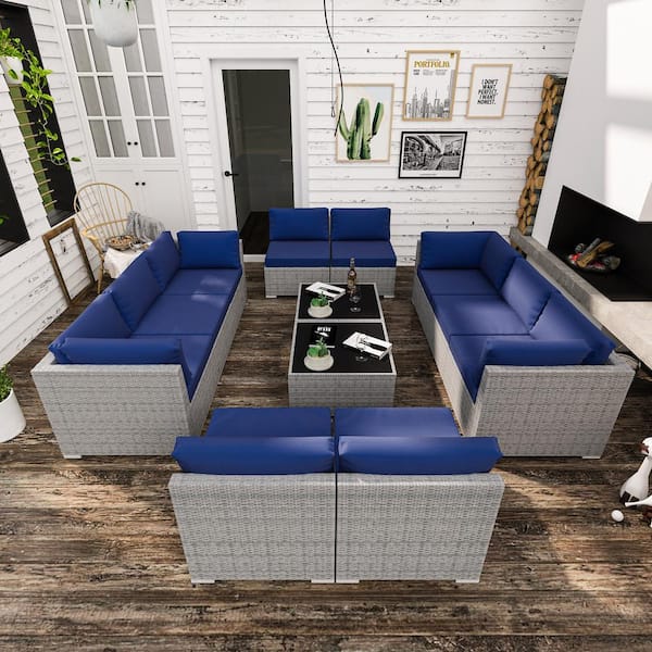 EAGLE PEAK 12-Piece Wicker Outdoor Patio Conversation Seating Sofa Set with Coffee Table, Dark Blue Cushions