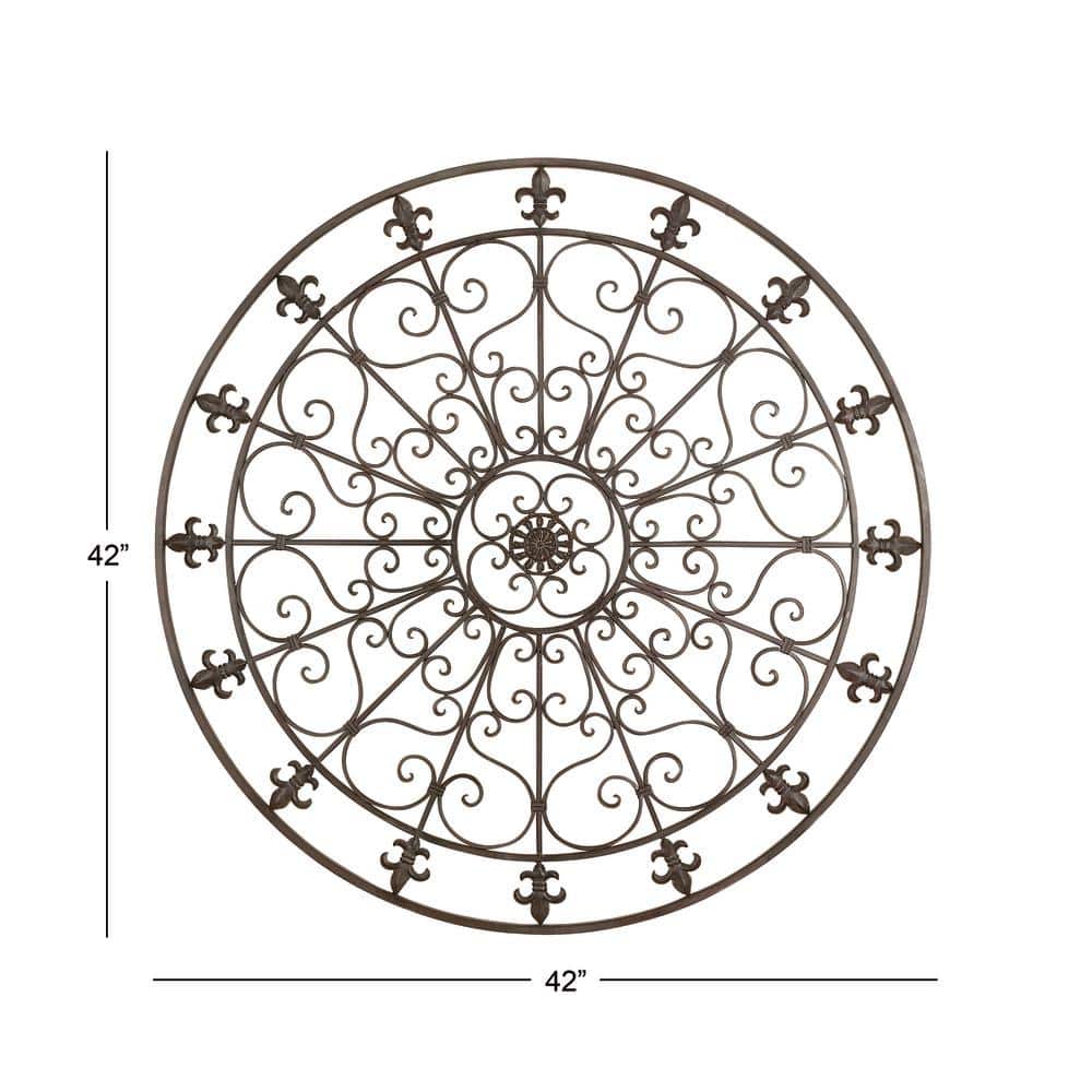 Black Iron Scrollwork and Fleur De Lis Round Wall Sculpture