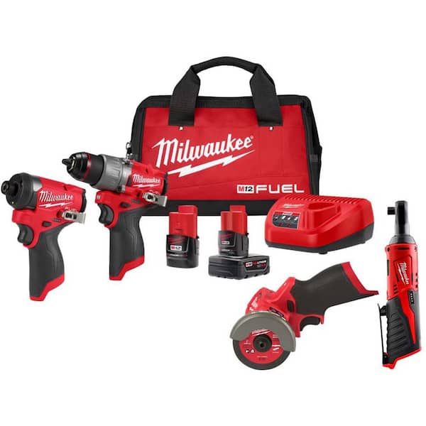 Milwaukee M12 FUEL 12-Volt Li-Ion Brushless Cordless Hammer Drill & Impact Driver Combo Kit w/2 Batteries, Cut Off Saw & Ratchet