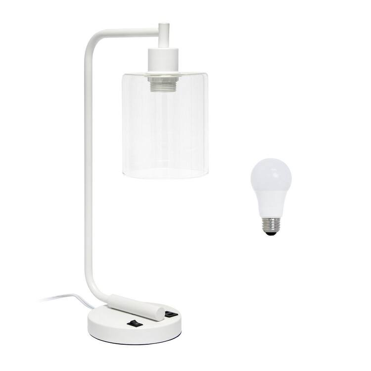 18.8 in. White Industrial Antique Style Iron Lantern Desk Lamp with Glass Shade and USB Port, with LED Bulb Included