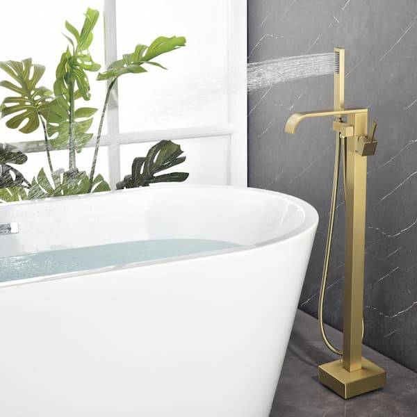 Modern Style Floor Mounted Tub Shower Faucets Unique Design Single Handle  Brass Tub Filler Home Bathroom Free Standing Bathtub Shower Taps, Gold  Finish 