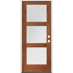 36 in. x 80 in. Modern Douglas Fir 3-Lite Left-Hand/Inswing Frosted Glass Red Chestnut Stain Wood Prehung Front Door