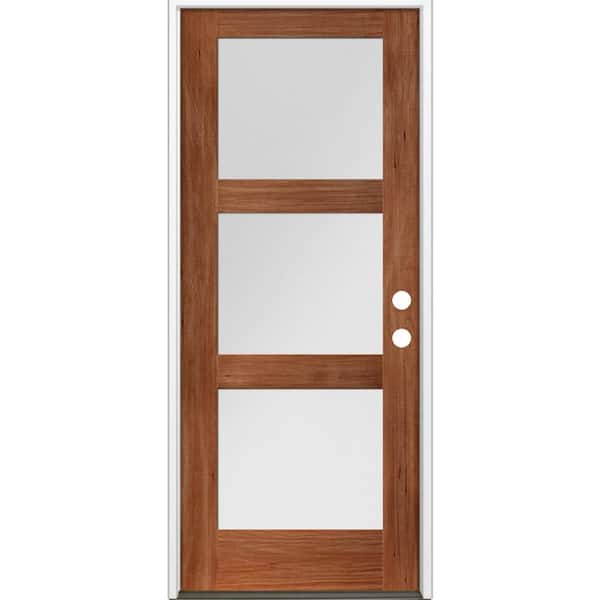 Krosswood Doors 36 in. x 80 in. Modern hemlock 3-Lite Left-Hand/Inswing Frosted Glass Red Chestnut Stain Wood Prehung Front Door