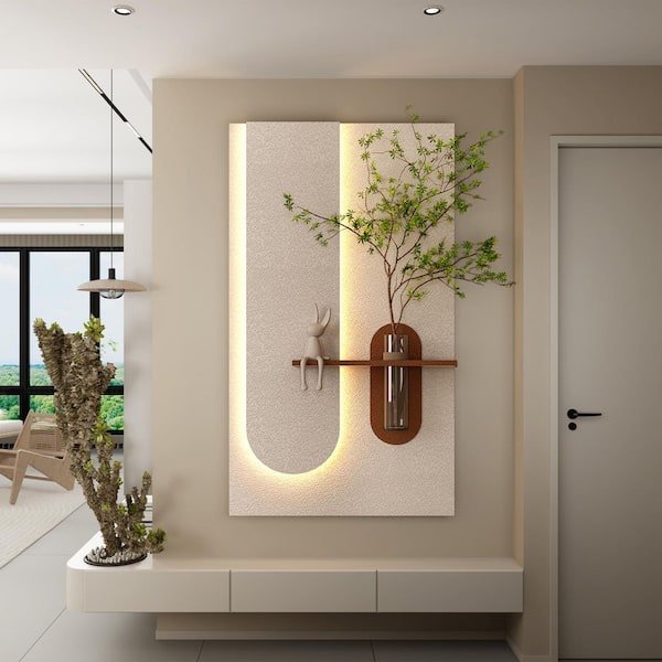 23.62 in. x 40.94 in. Light Coffee Adjustable LED Sandstone Wall Decor with Simulated Plants Glass Vase & Rabbit Statue