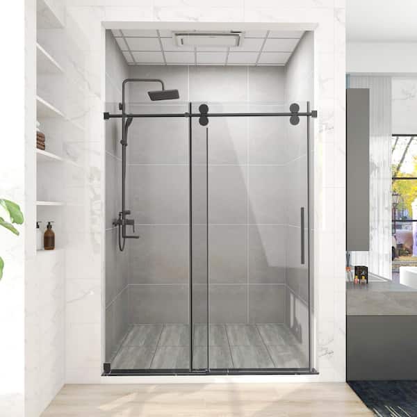 Maincraft 60 in. W x 66 in. H Single Sliding Frameless Corner Shower Enclosure in Matte Black with Clear Glass