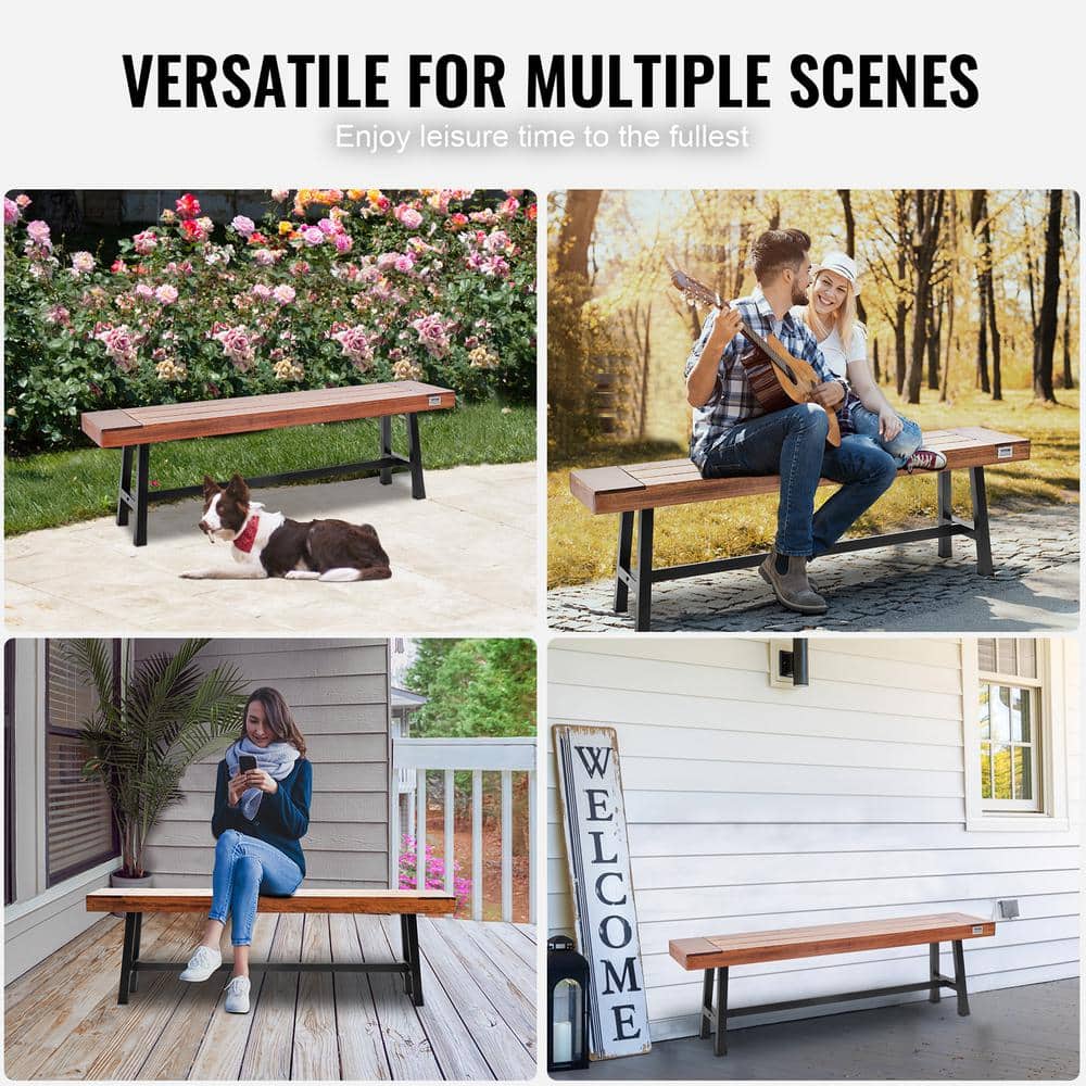 63-Inch Brown Wood and Black Metal Outdoor Bench