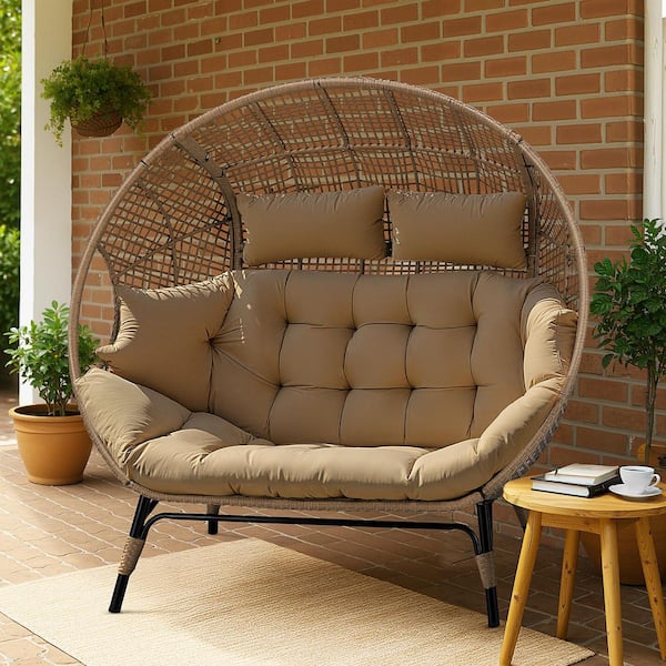 Oversized 2-Person Outdoor Wicker Lounge Egg Chair Double Patio Loveseat with 6.5 in. Brown Cushion, 680 lbs. Capacity