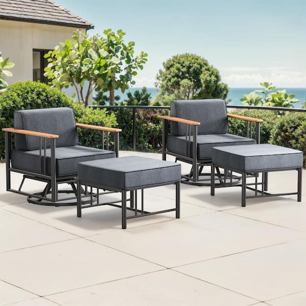 Minimalism 4-Piece Black Patio Metal Outdoor Conversation Set with Swivel Rocking Chair and Dark Gray Cushions