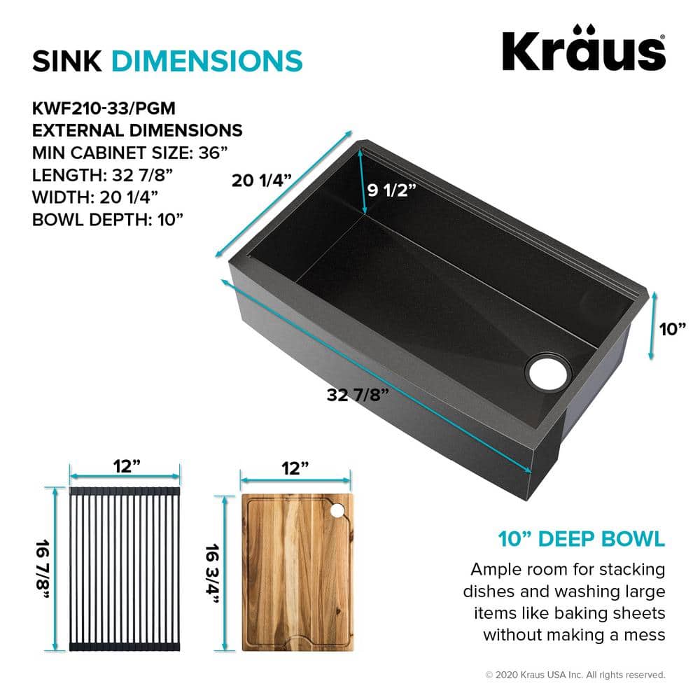 Kore 33" Gunmetal Stainless Steel Farmhouse Sink with Accessories
