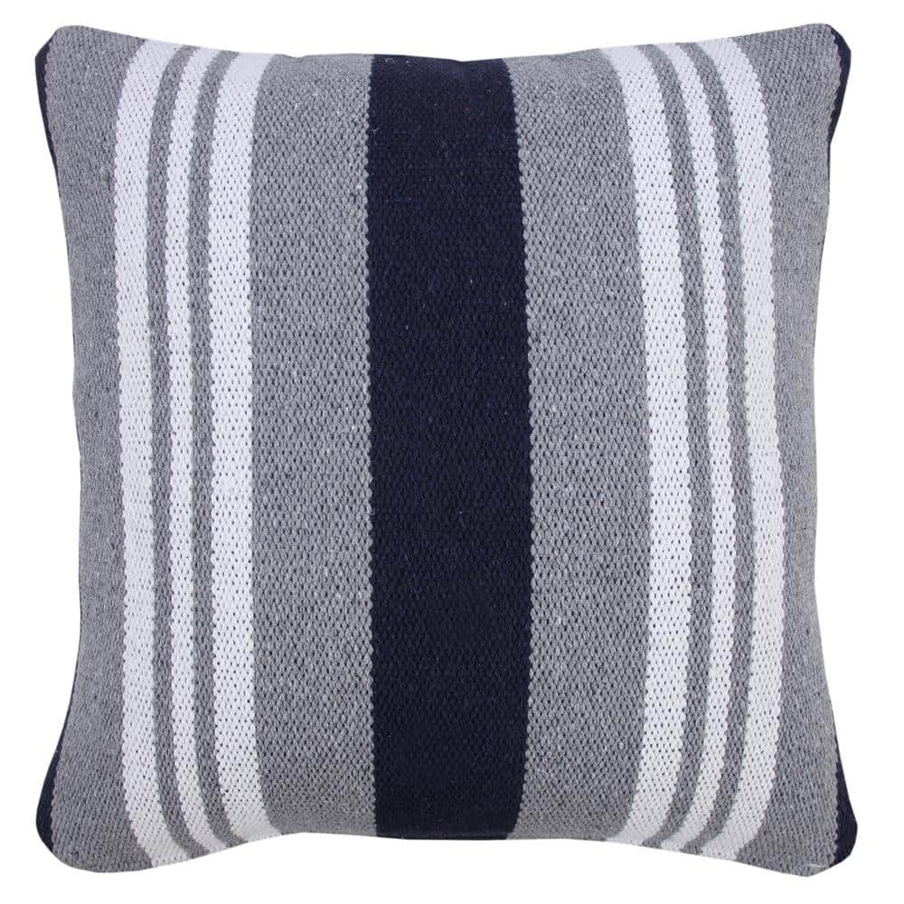 Navy Gray White Cotton Striped Square Throw Pillow