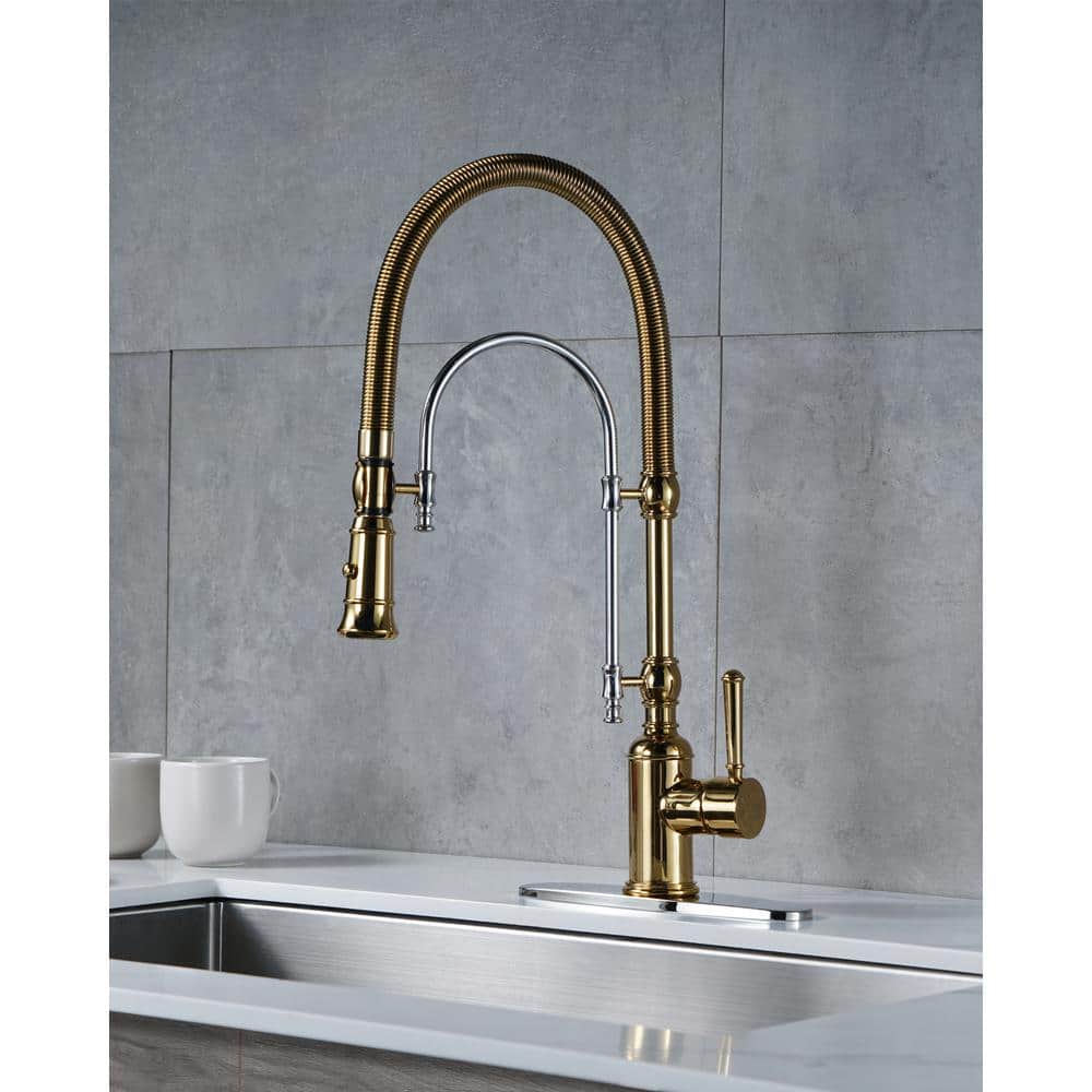 Gold and Chrome High-Arc Kitchen Faucet with Pull-Out Spray