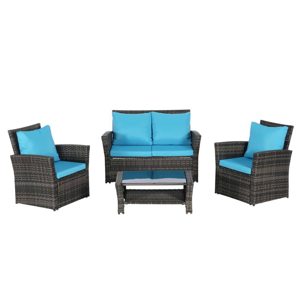 4-Piece Modular PE Wicker Patio Conversation Set with Tempered Glass Coffee Table in Waterproof Light Blue Cushions price history on PriceWatchPro