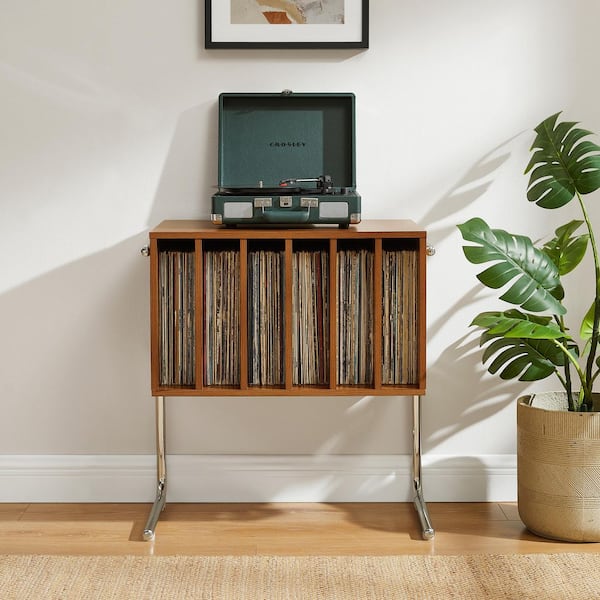 CROSLEY FURNITURE Lily Walnut Record Player Stand With Vinyl