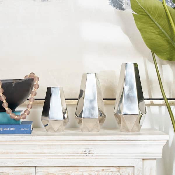 Litton Lane Silver Hexagon Shaped Stainless Steel Geometric Decorative Vase with Varying Heights (Set of 3)