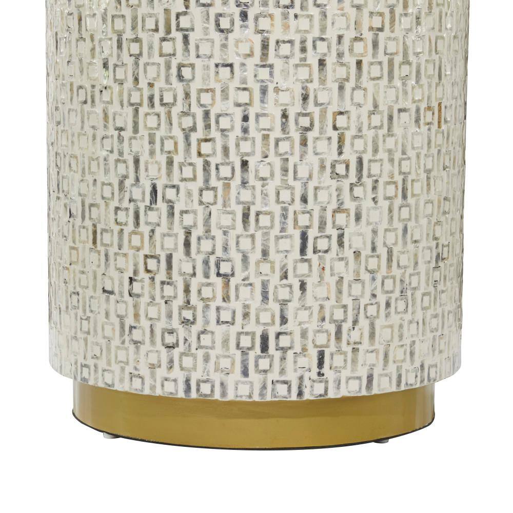 White Round Wood and Metal Accent Table with Pearl Inlays
