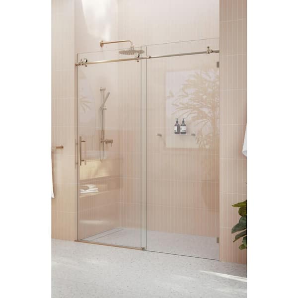 Eclipse 56 in. to 60 in. W x 78 in. H Frameless Sliding Shower Door in Brushed Bronze with Handle