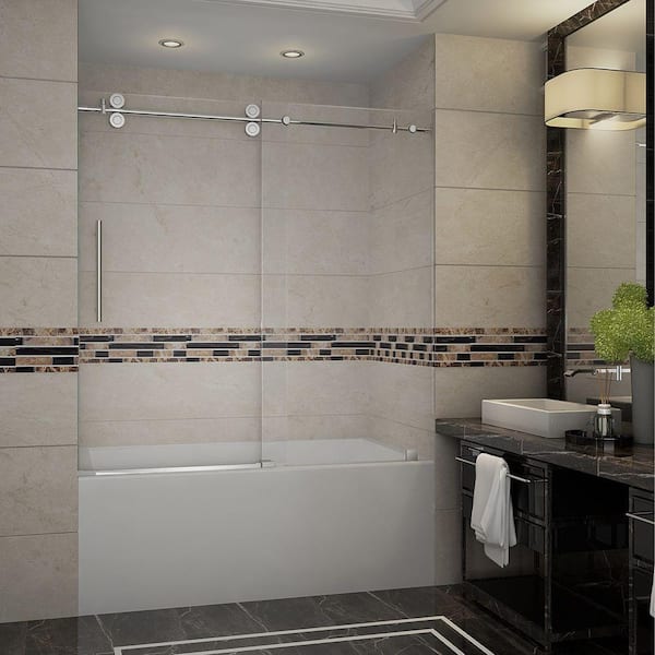 Aston Langham 60 in. x 60 in. Completely Frameless Sliding Tub Door in Chrome with Clear Glass