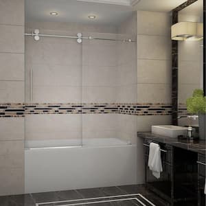 Langham 60 in. x 60 in. Completely Frameless Sliding Tub Door in Stainless Steel with Clear Glass