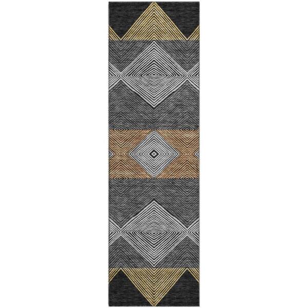 Mayfield Premium Machine Washable Abstract AMF2545 Black 2 ft. x 7 ft. Runner Rug