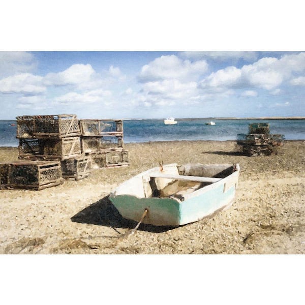 Aqua Boat and Lobster Traps Painted by Grotto Studios Unframed Graphic Print Poster Art Print 36 in x 24 in.