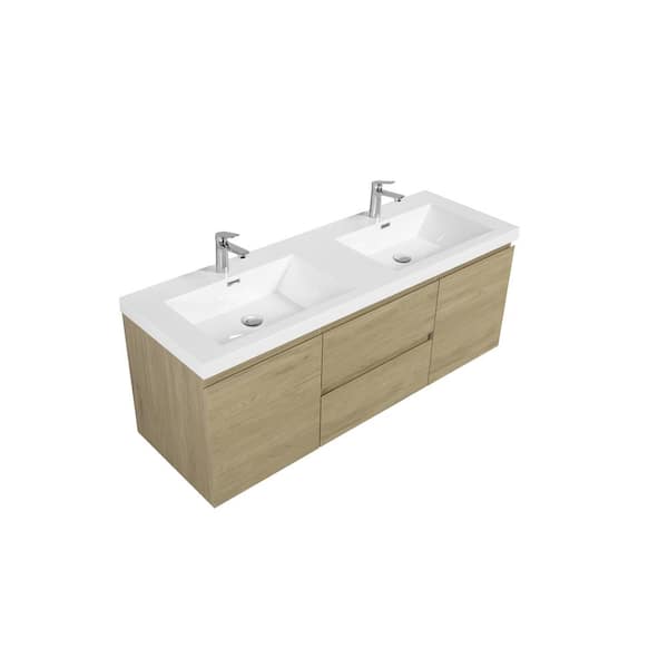 58.74 in. W Double Sinks Wall-Mounted Natural Oak Bath Vanity With White Resin Top Unassembled