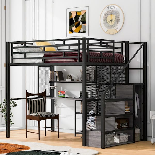 Black Full Size Metal Loft Bed with Built-in Desk, Bookshelves, Wardrobe, Storage Staircase