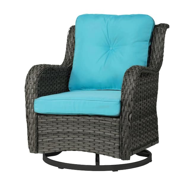 Uixe Wicker Rattan Gray Patio Outdoor Rocking Chair Swivel with Light Blue Cushions (Set of 1)