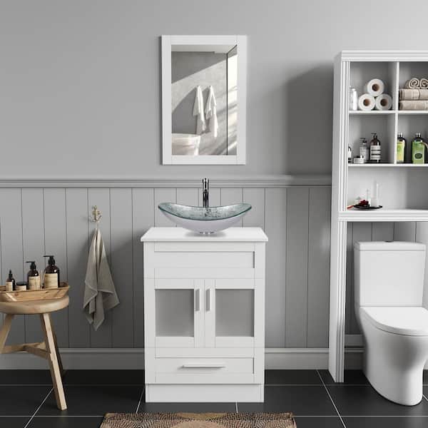 24 in. W x 19 in. D x 33 in. H Single Sink White Bath Vanity with Silver Solid Surface Top Sink and Mirror
