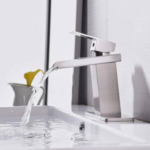Waterfall Single Hole Single-Handle Low-Arc Bathroom Faucet With Supply Line in Brushed Nickel