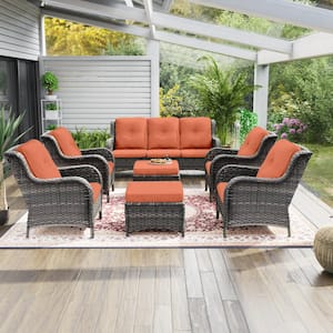 7-Piece Wicker Outdoor Patio Conversation Lounge Chair Sofa Set with Orange Cushions and Ottomans
