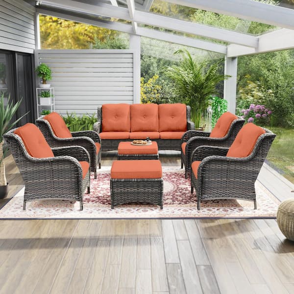 Gardenbee 7-Piece Wicker Outdoor Patio Conversation Lounge Chair Sofa Set with Orange Cushions and Ottomans