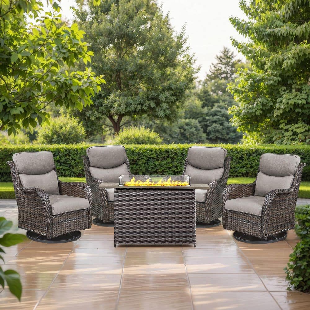 Carolina 5-Piece Brown Wicker Outdoor Fire Pit Table with Swivel Chair Gray Cushions price history on PriceWatchPro