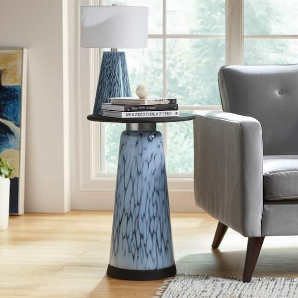 14 in. Blue Round Marble Top Tall Art Tapered Base End Table