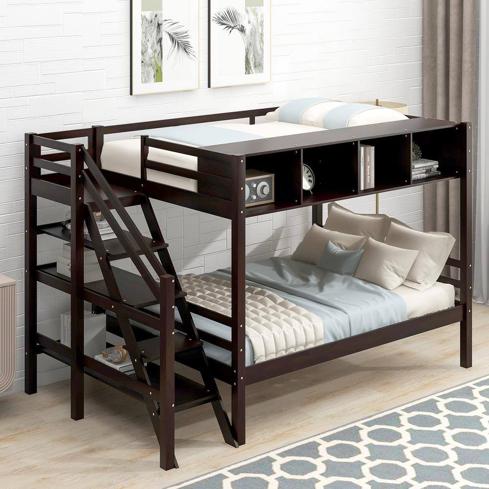 GOJANE Espresso Twin Over Full Bunk Bed with Staircase and Builtin Storage