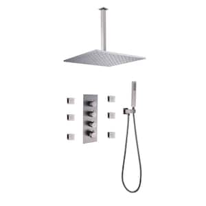 12 in. 6 -Jet Thermostatic Mixer Shower System Combo Set Shower Head and Handshower in Brushed