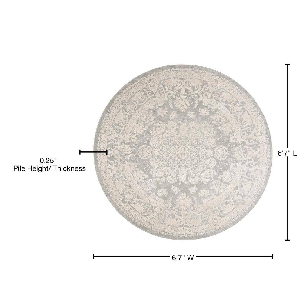 Round Light Grey Cream Floral Synthetic Area Rug