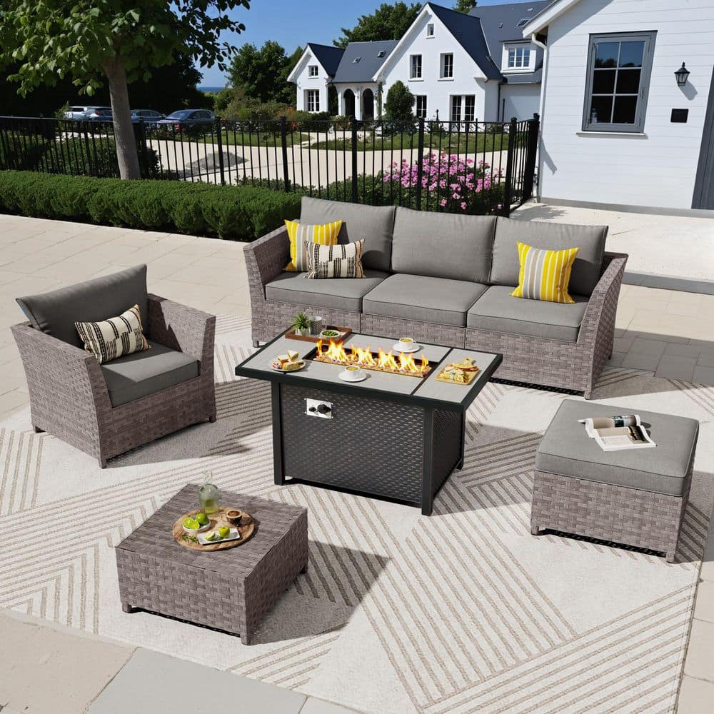 Jasmine 7-Piece Wicker Outerdoor Patio Rectangular Fire Pit Set with Dark Gray Cushions price history on PriceWatchPro