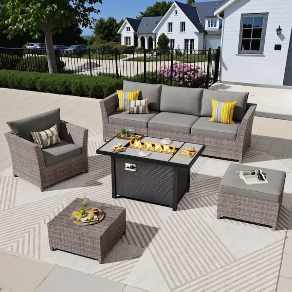 XIZZI Jasmine 7-Piece Wicker Outerdoor Patio Rectangular Fire Pit Set with Dark Gray Cushions