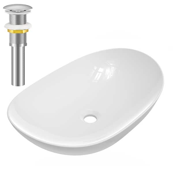 yulika Oval Sink 15 in . Bathroom Sink Ceramic Vessel Sink with Pop-Up Drain in White and Sliver