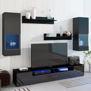 Black 7 Pieces Floating TV Stand Fits TV's up to 90 in. with Storage Cabinets, Extended Shelf, and LED Light Strips