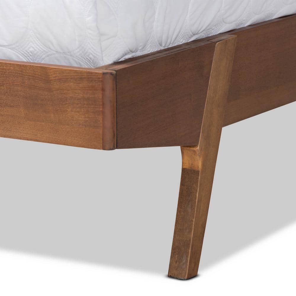 Beige Upholstered Queen Bed with Walnut Wood Frame