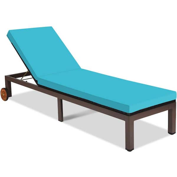 Alpulon Brown Adjustable Wicker Outdoor Chaise Lounge with Turquoise Cushion and Wheels